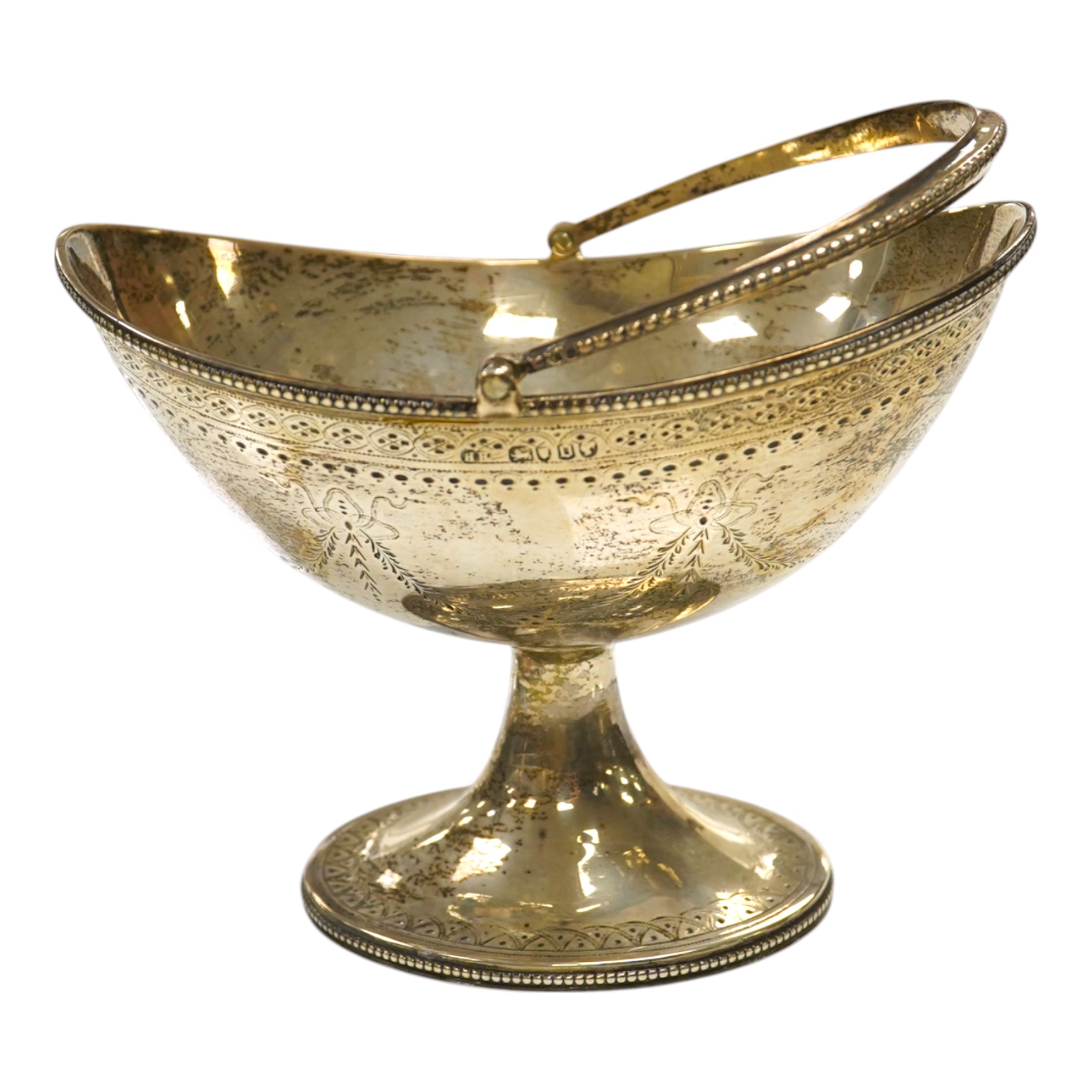 A Victorian engraved silver oval pedestal sugar basket, Henry Holland, London, 1869, width 15.5cm, 7.3oz. Condition - poor